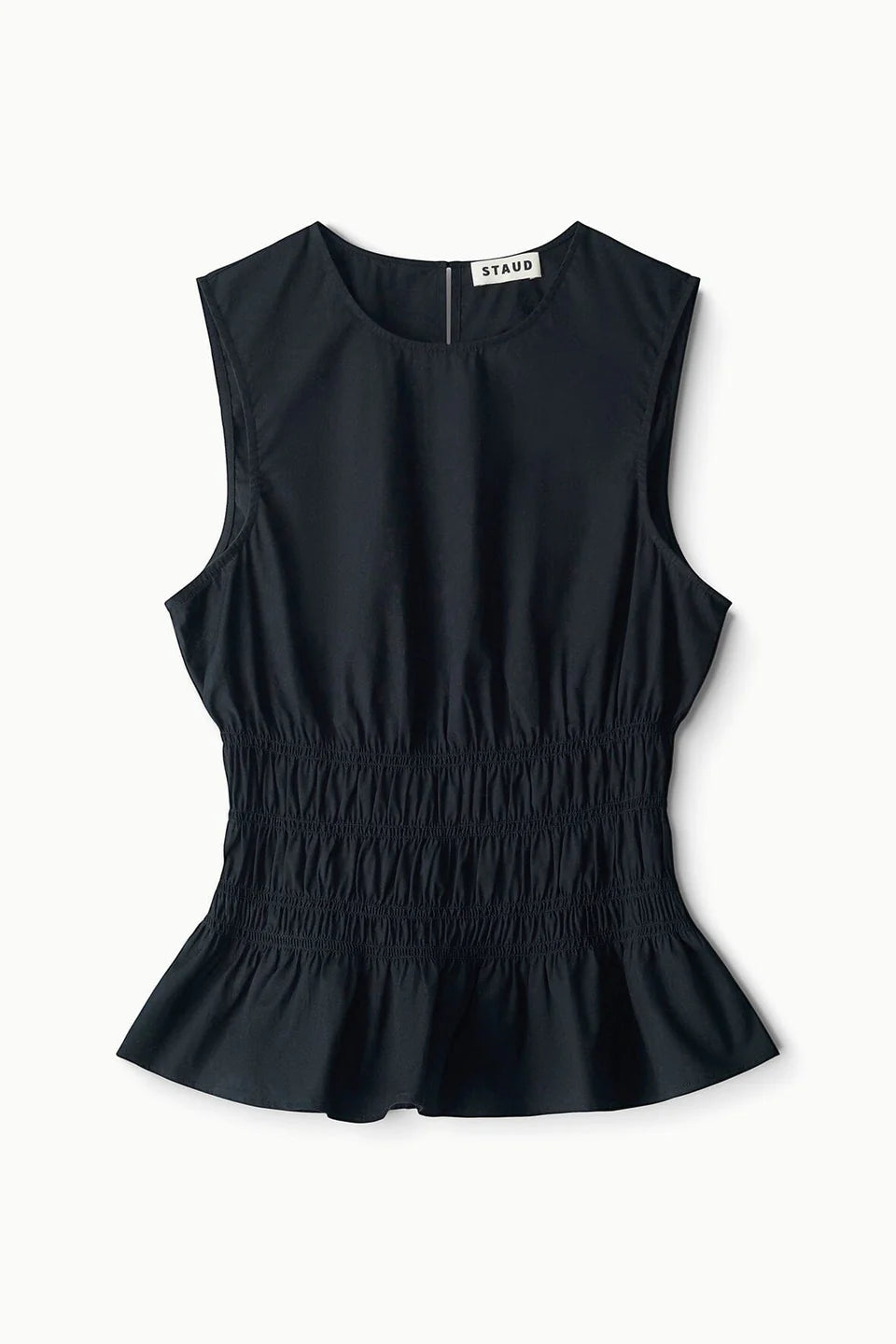 Black sleeveless top with peplum waist on a white background