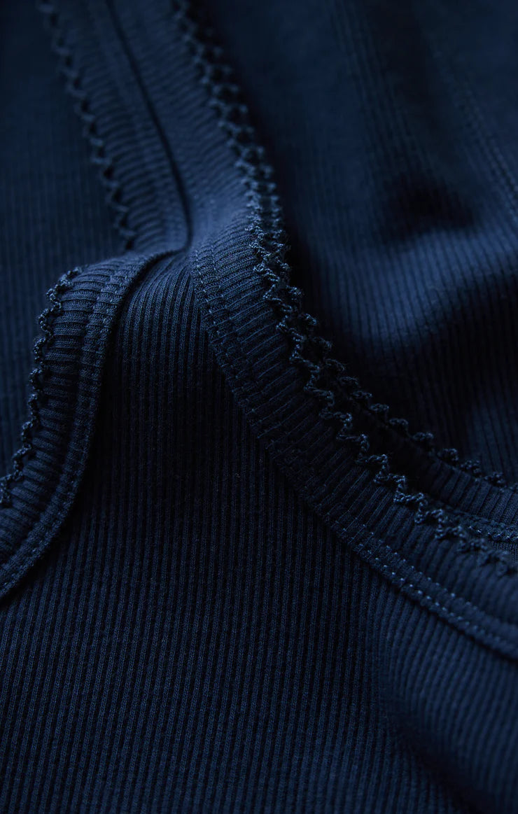 Close-up of dark blue fabric with stitching details