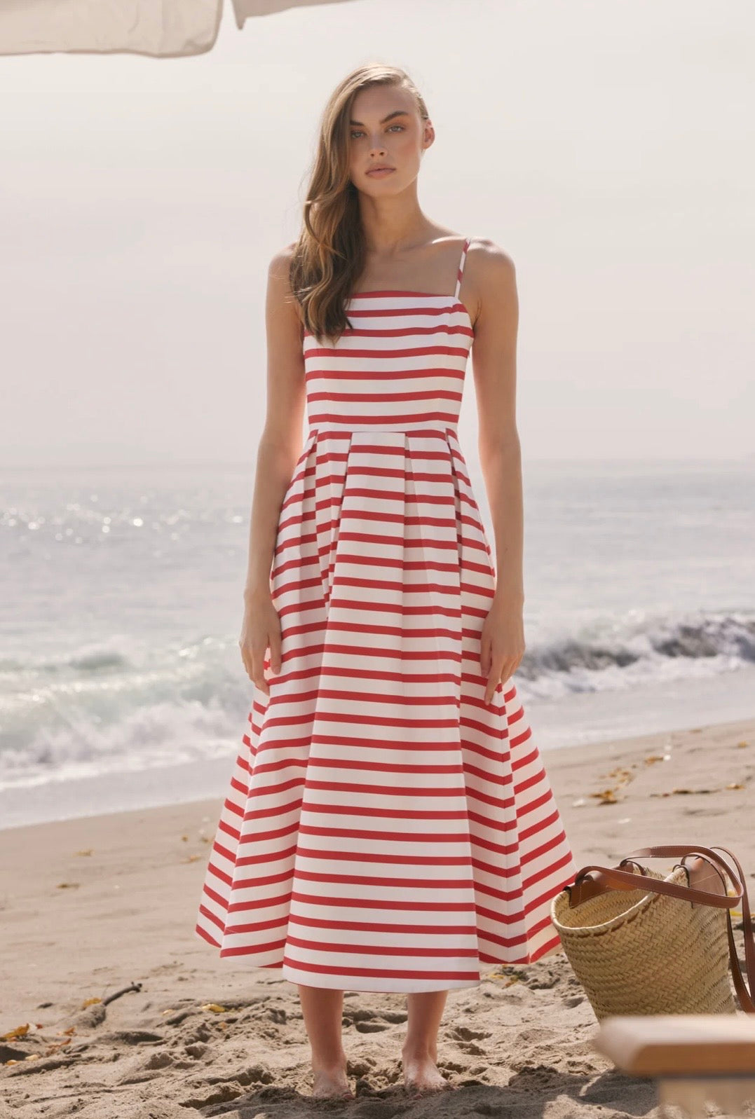 english factory dress Women's Gingham Puff Sleeve Mini Perfectly combining classic stripes with a flattering straight neckline English Factory - Striped Pleated