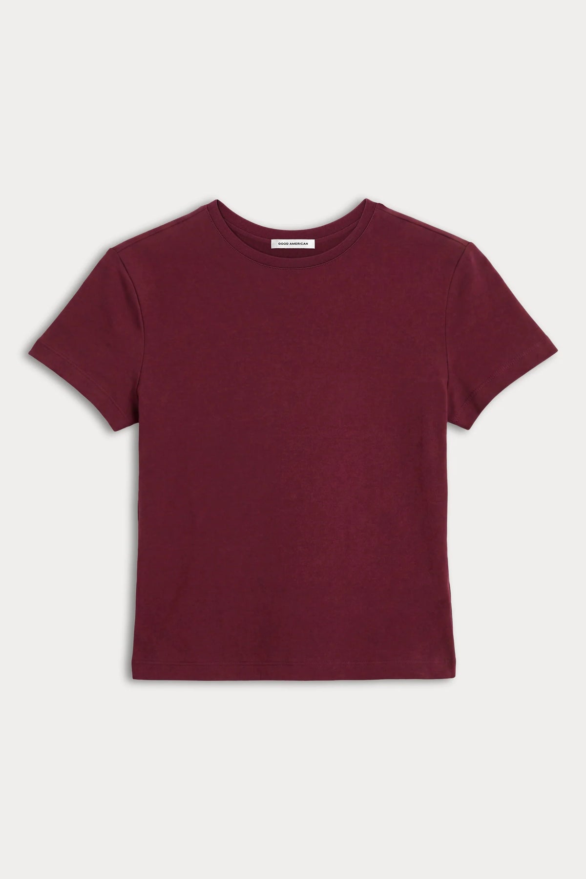 A short-sleeve crewneck t-shirt in a deep burgundy color, laid flat against a light gray background.