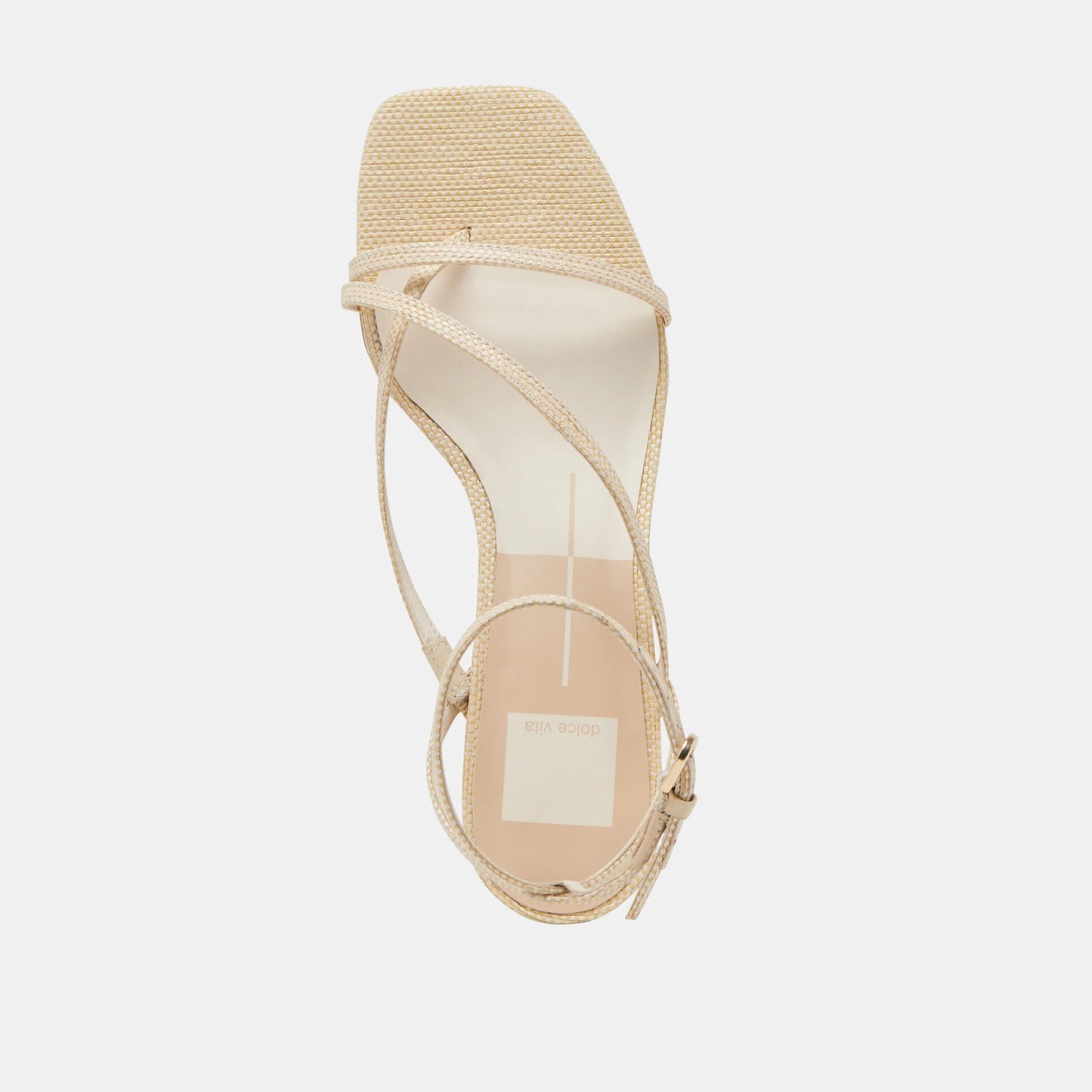 Beige sandal with woven straps on a light gray background
