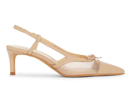 Beige high-heeled shoe with slingback design on a white background