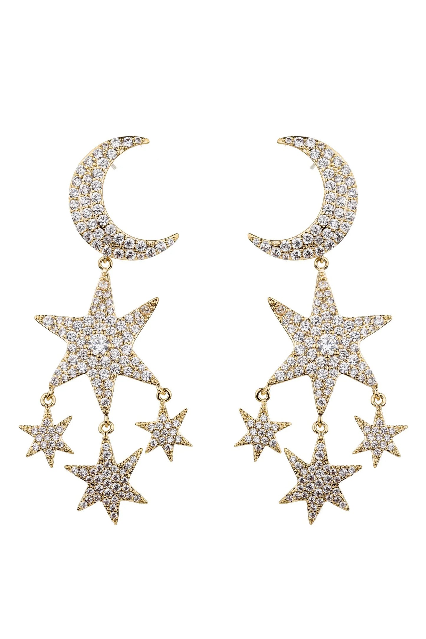 A pair of gold-toned dangle earrings featuring crescent moon and star motifs, heavily embellished with clear pavé stones, set against a plain white background.