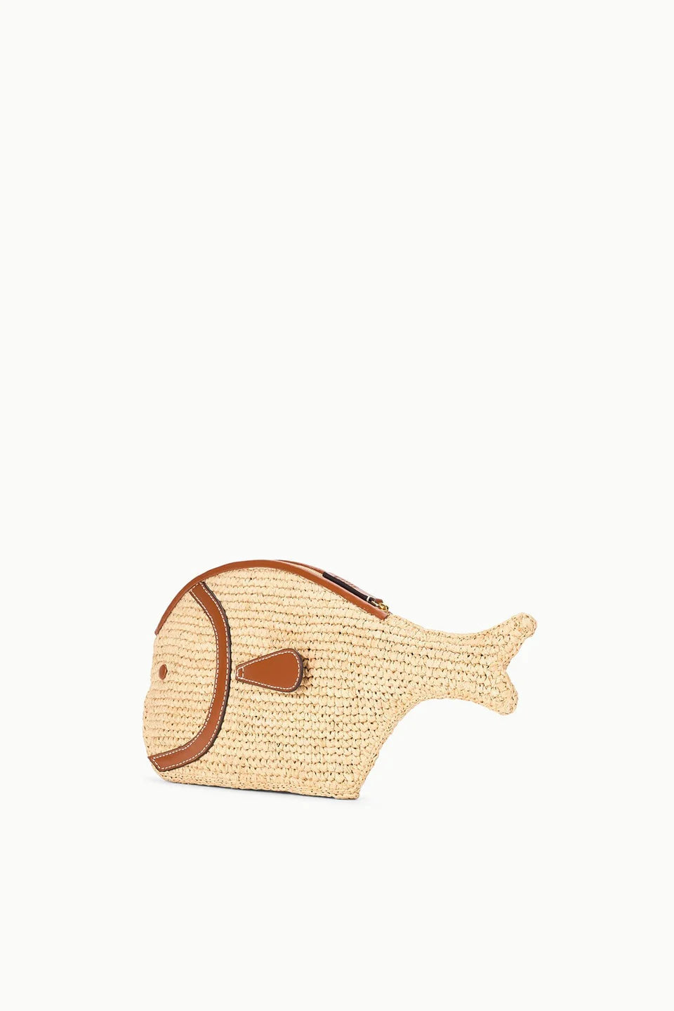 Fish-shaped straw bag with brown leather accents on a white background