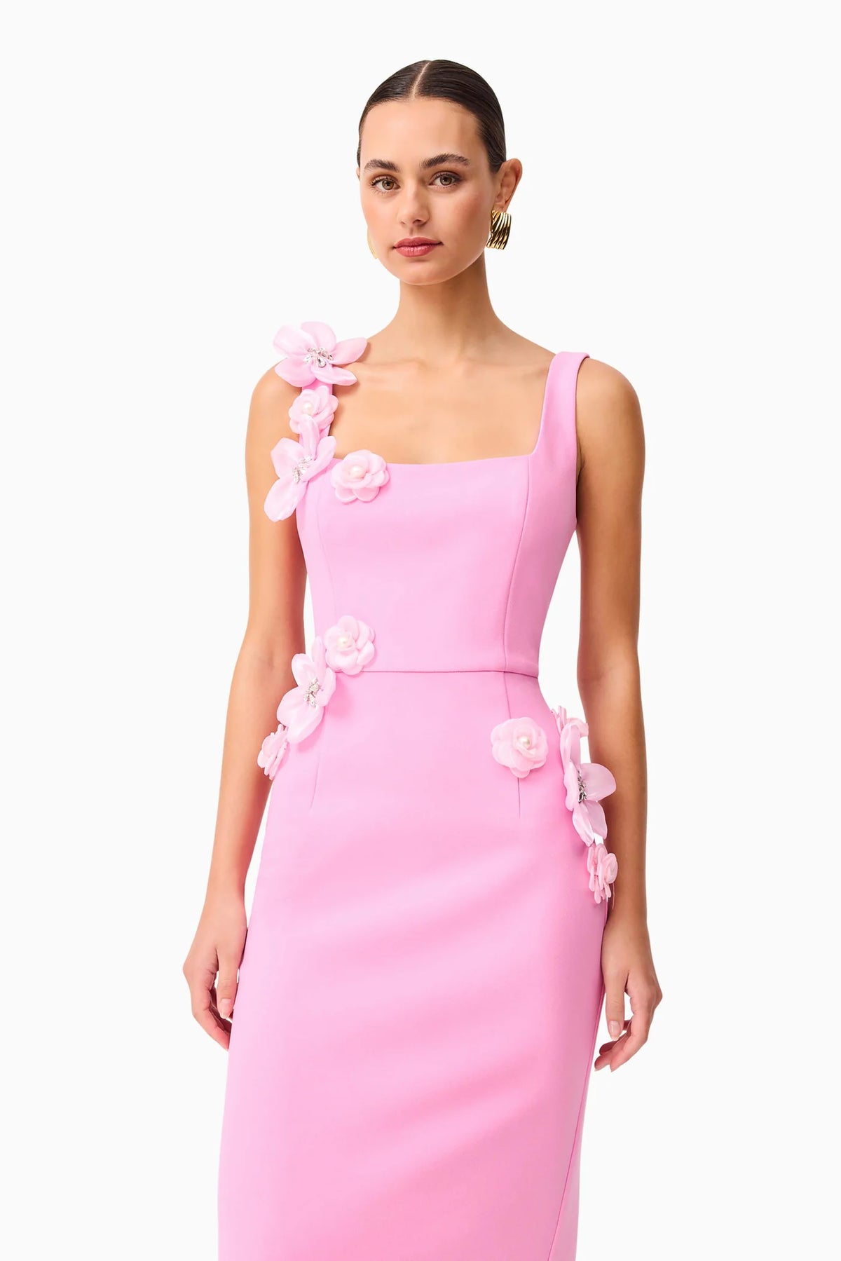 Pink square neck midi dress with 3D floral embellishments on a white background