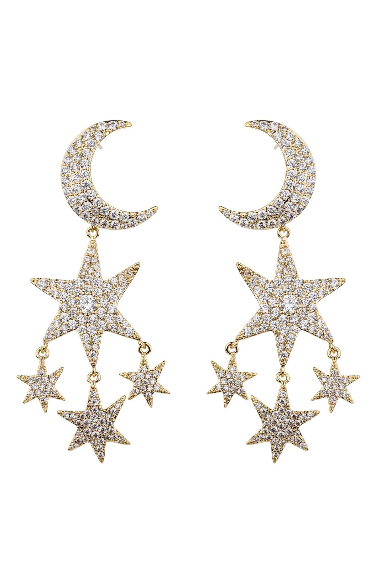 A pair of gold-toned dangle earrings featuring crescent moon and star motifs, heavily embellished with clear pavé stones, set against a plain white background.