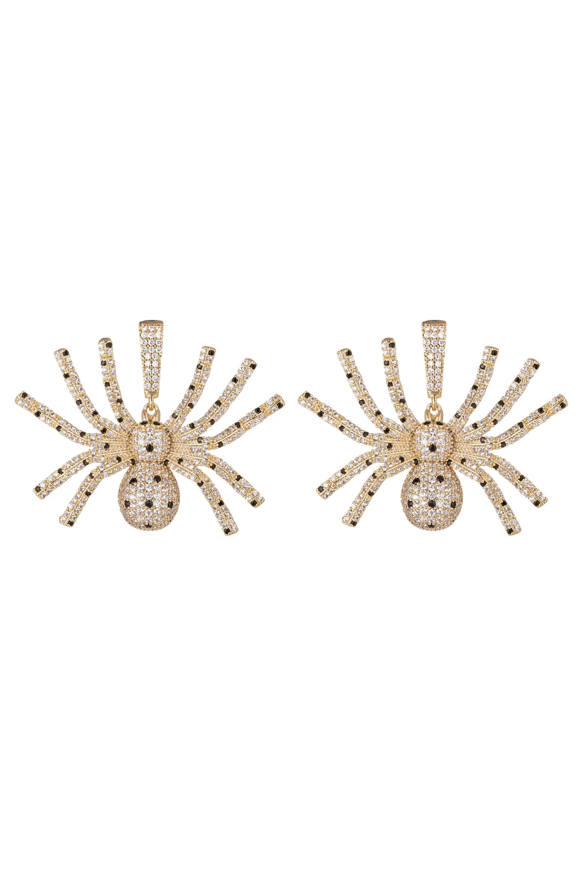 A pair of gold spider-shaped earrings paved with clear crystals, displayed side-by-side against a plain white background.
