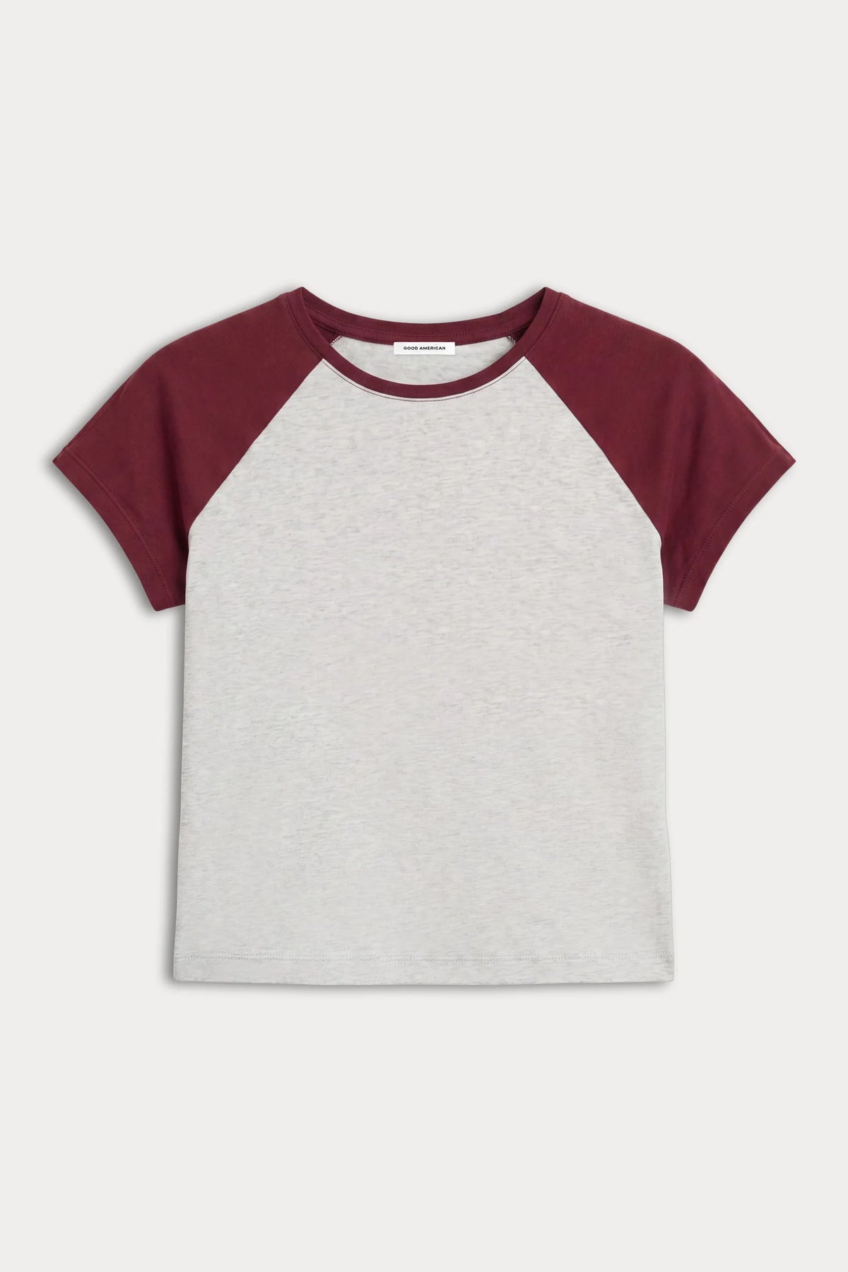 A short-sleeve raglan baseball t-shirt with a light heather gray body and dark burgundy sleeves, shown flat on a light gray background.