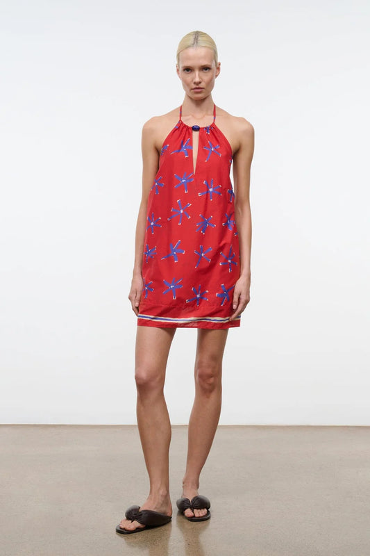 Woman wearing a red dress with blue floral patterns on a plain background