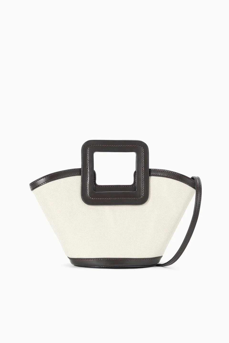 Small handbag with a black handle and white body on a white background