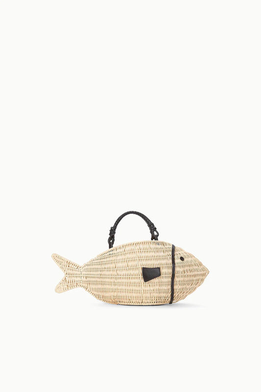 Woven fish-shaped handbag on a white background