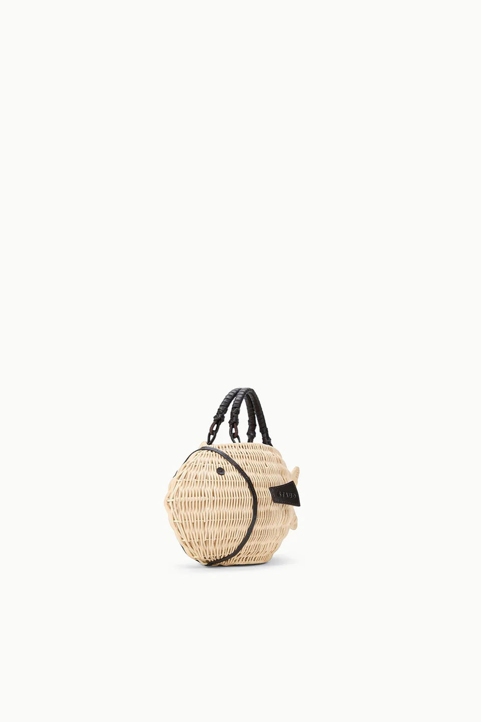 Woven handbag with black straps on a white background