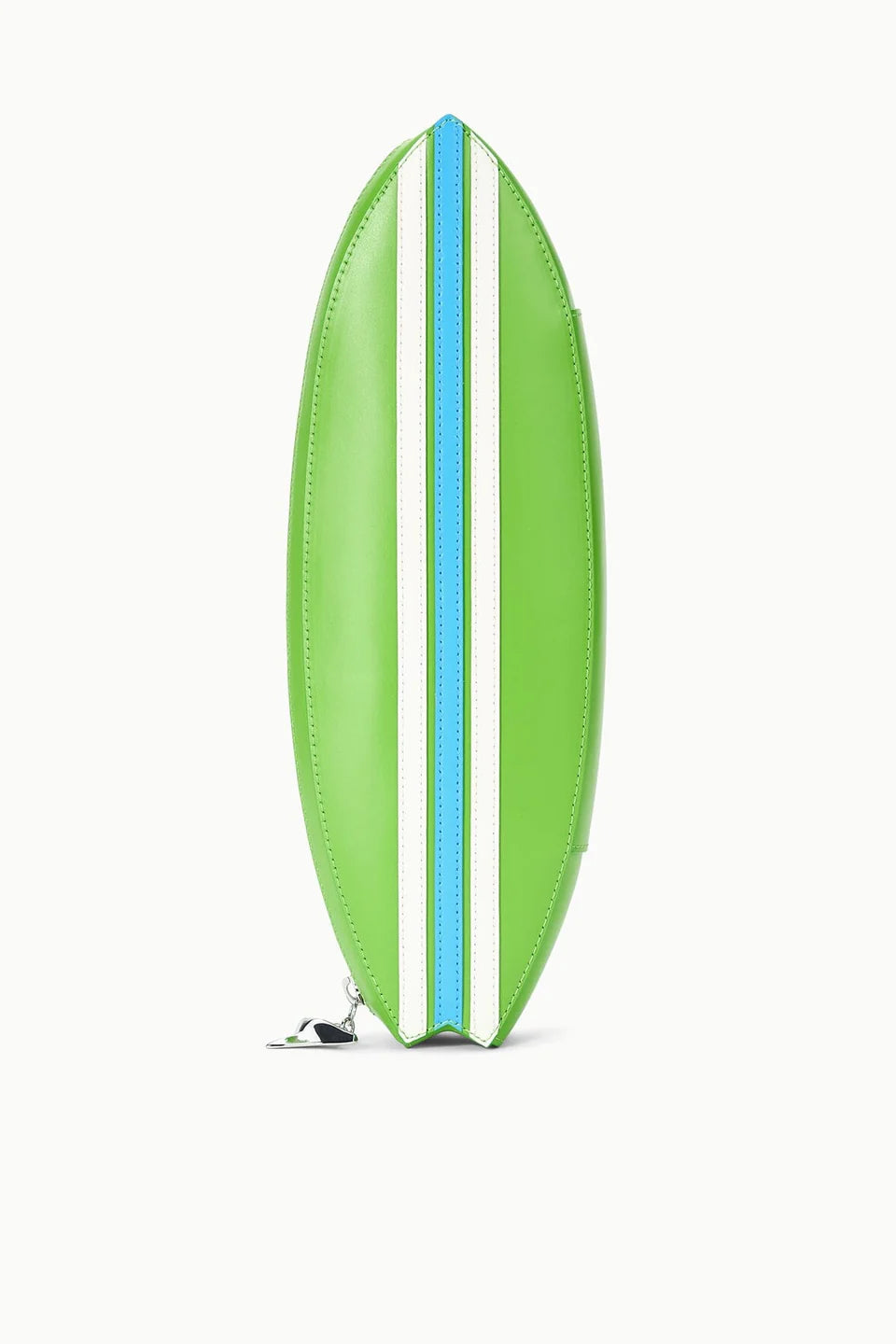 Green surfboard with blue stripes on a white background