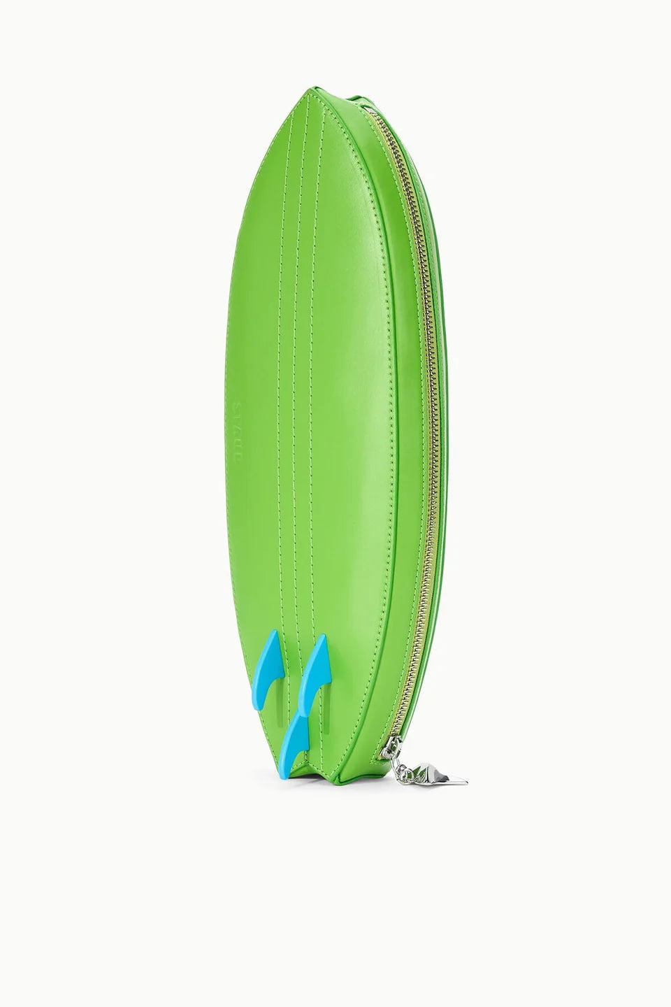 Green paddle-shaped pouch with a zipper on a white background