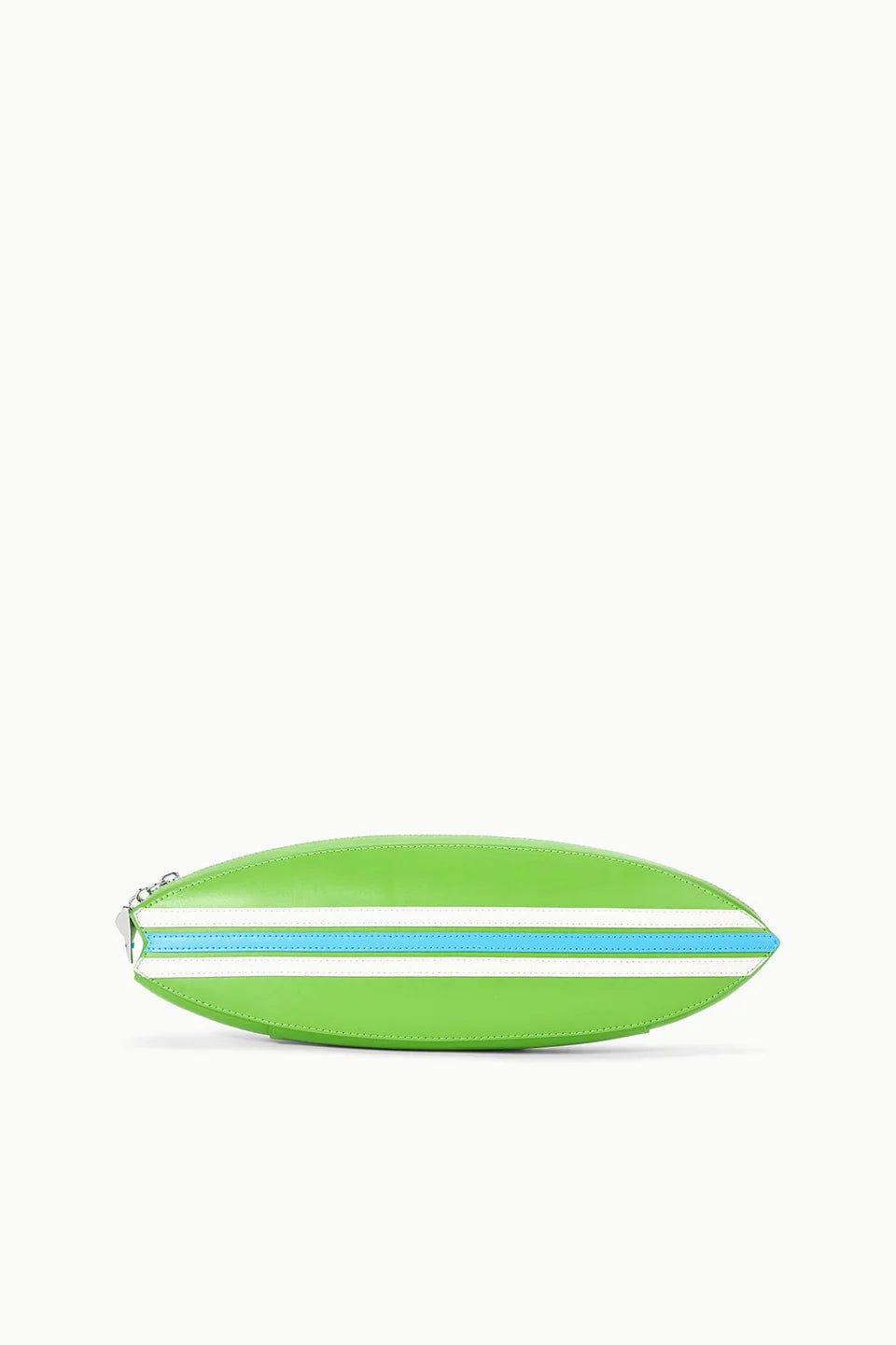 Green surfboard-shaped pouch with blue stripes on a white background