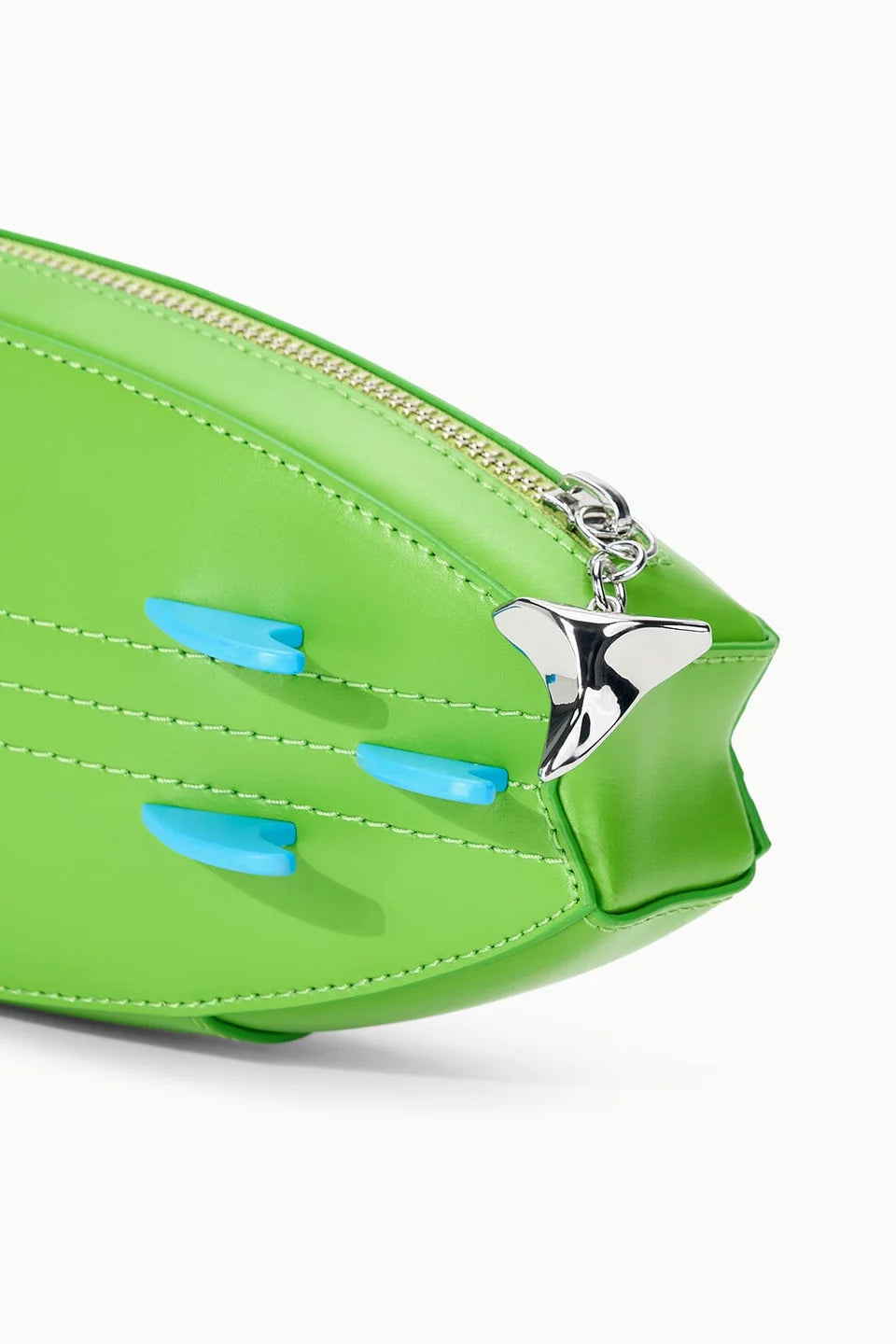 Green pouch with blue accents and a silver clasp on a white background