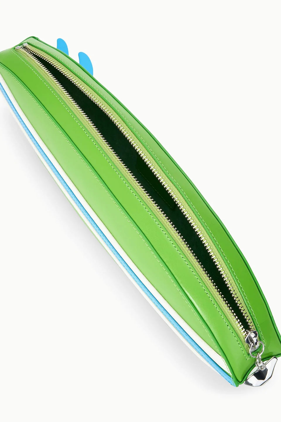 Green and blue zipper pouch on a white background
