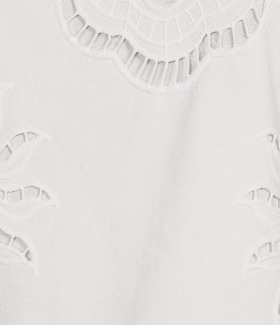 Close-up of a white eyelet fabric with scalloped embroidered neckline and partial embroidered motifs on the sides.