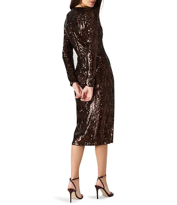 Woman wearing a black sequin dress on a white background