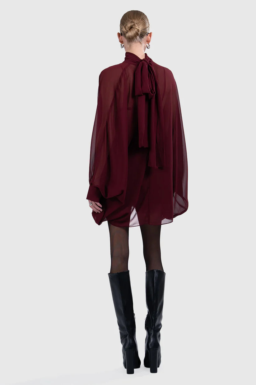 Person wearing a burgundy dress with a large bow and black knee-high boots on a white background