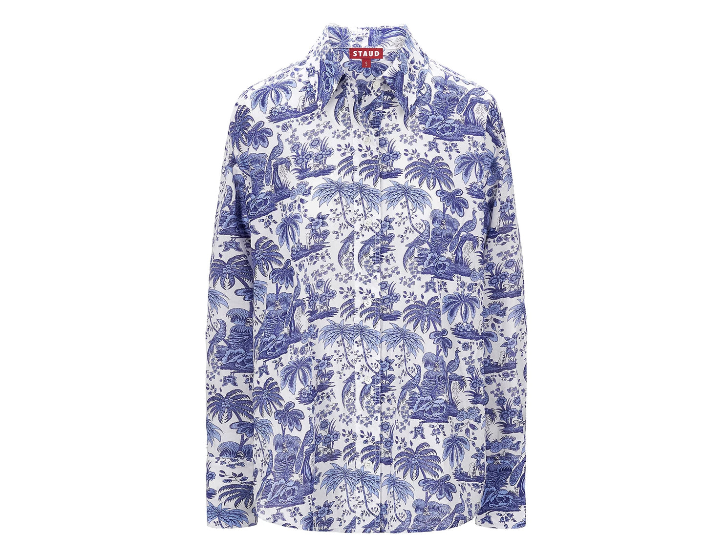 White shirt with blue tropical pattern on a white background