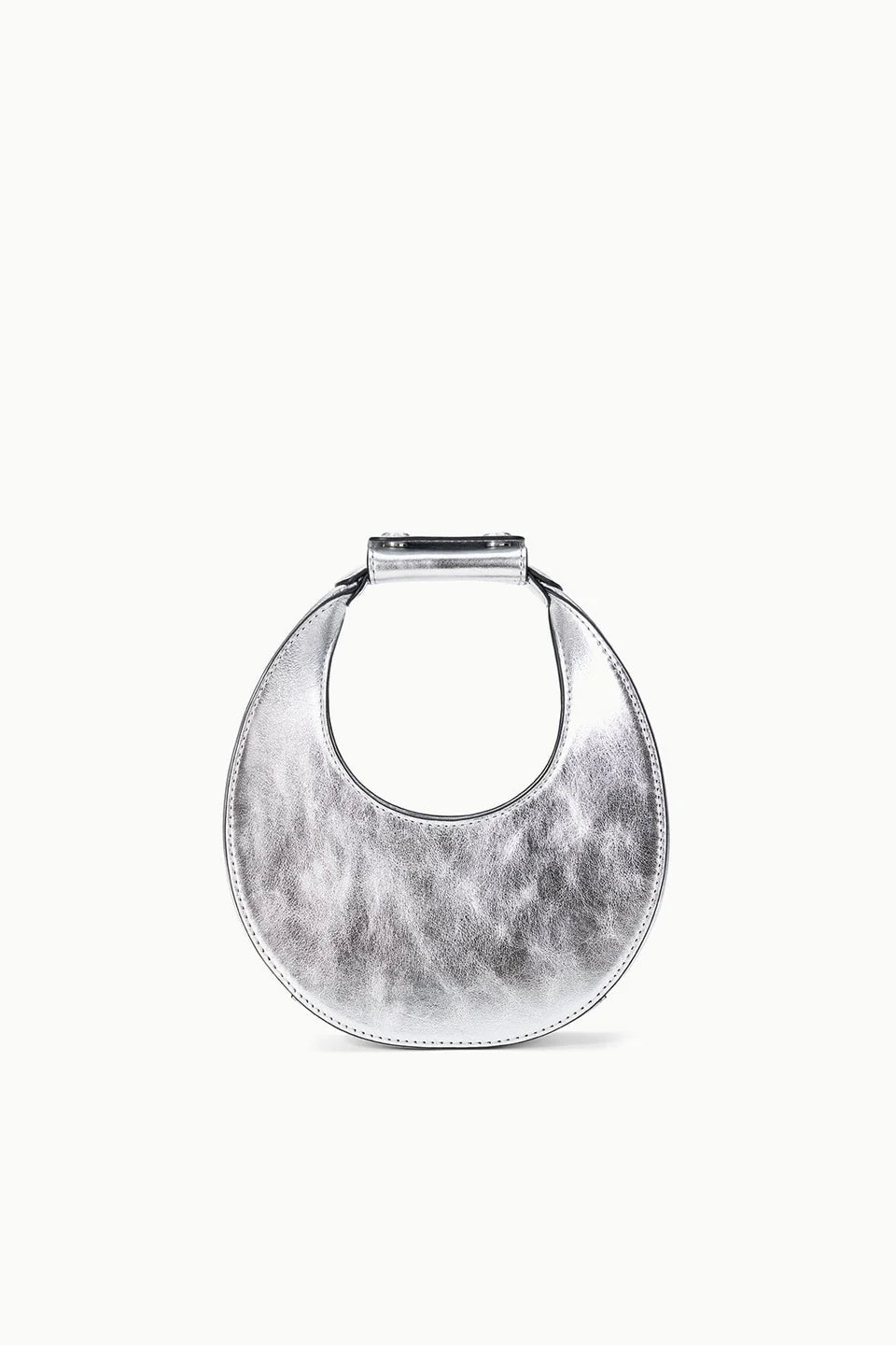 Round metallic silver clutch on a white background