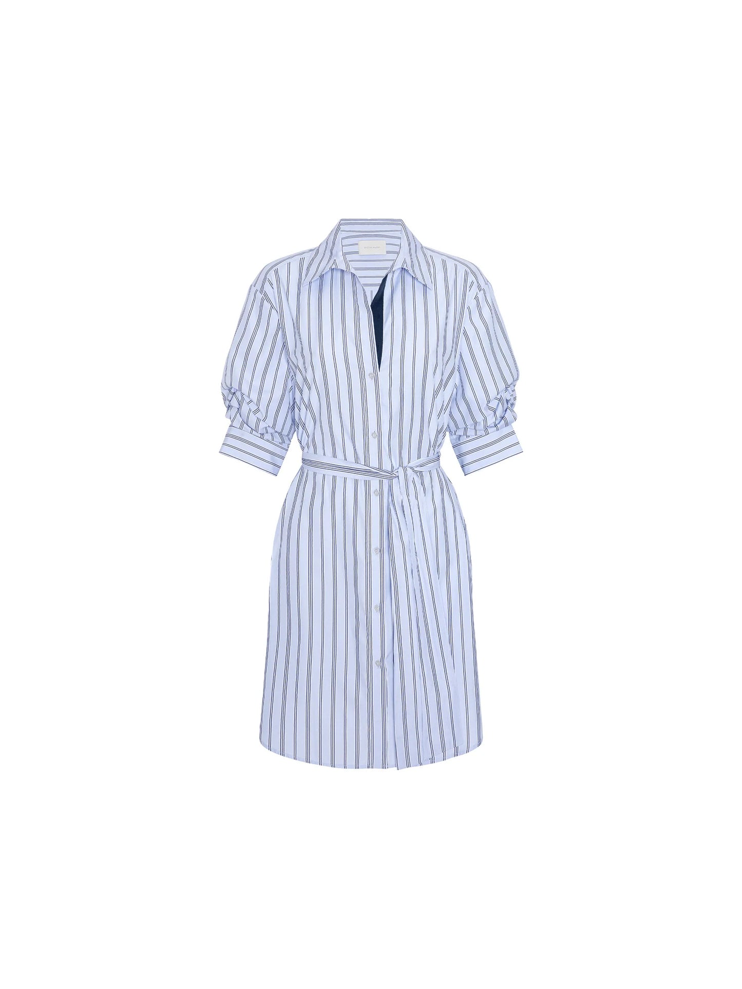Blue and white striped dress on a white background