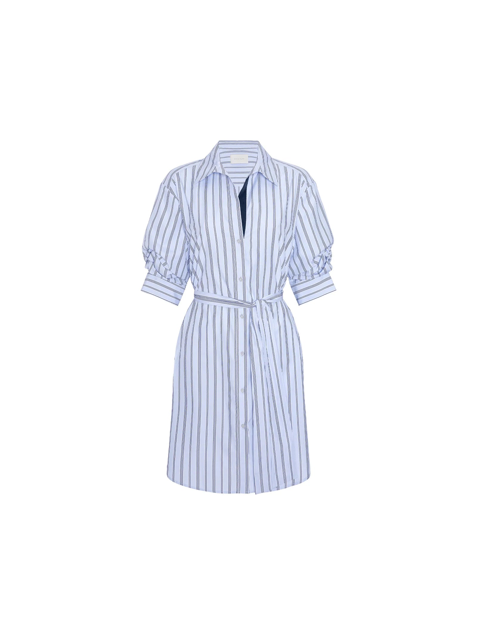Blue and white striped dress on a white background