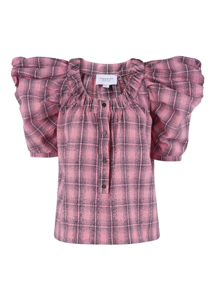 Pink plaid blouse with ruffled sleeves on a white background