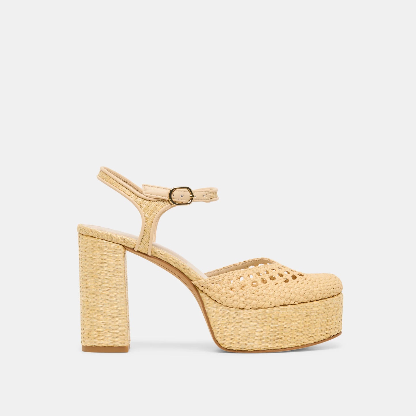 Beige woven platform sandal on a light gray background