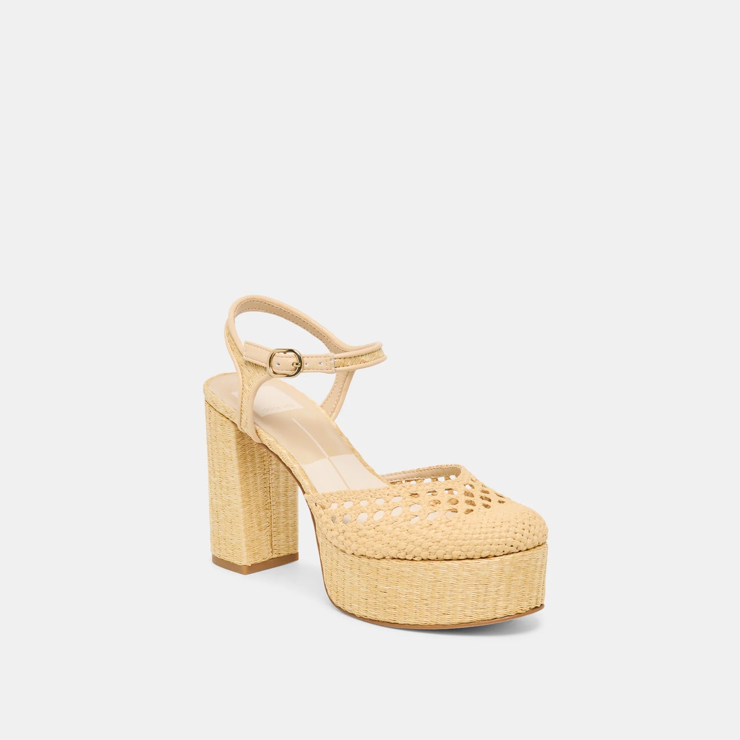 Beige woven platform sandal on a white background