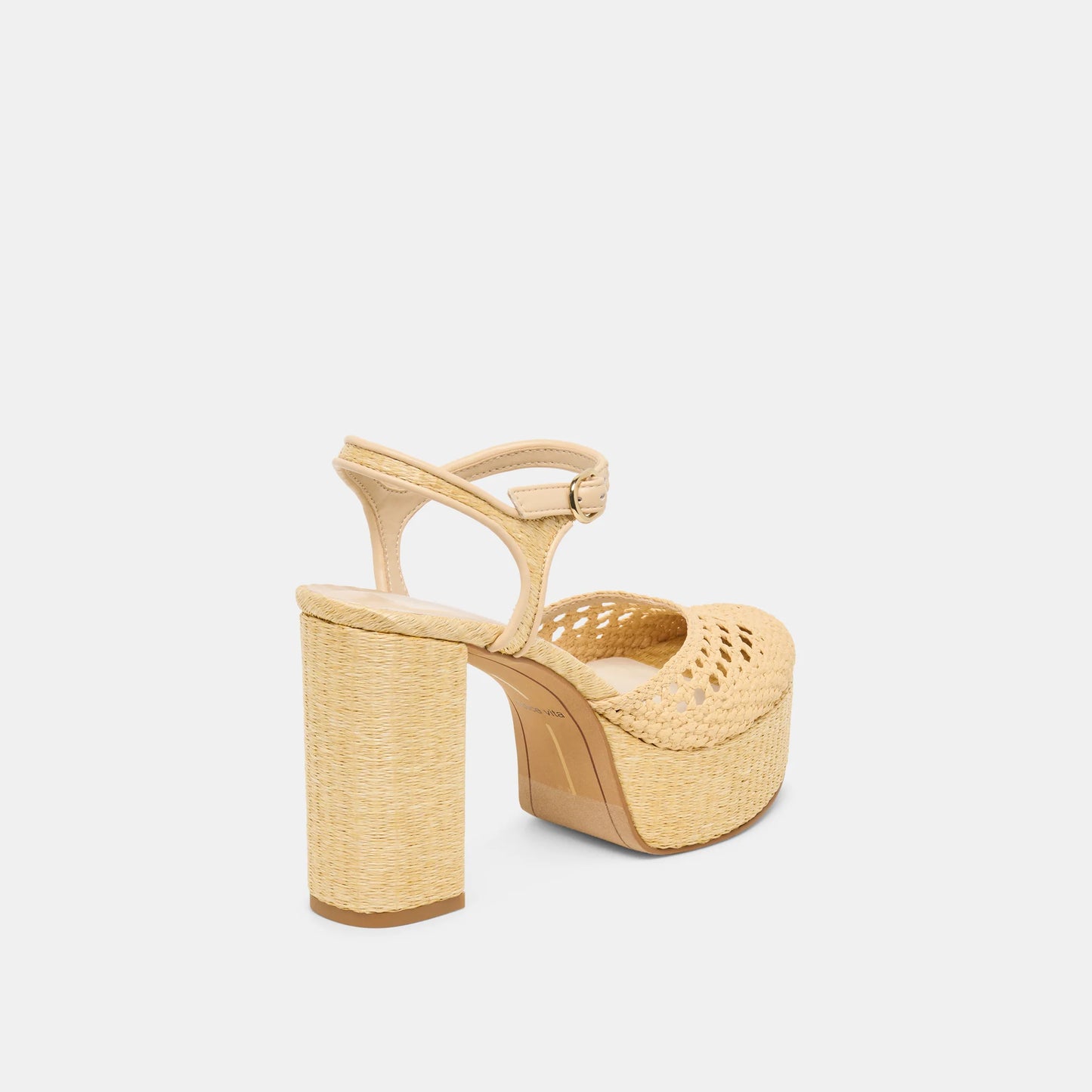 Beige woven high-heeled sandal on a white background