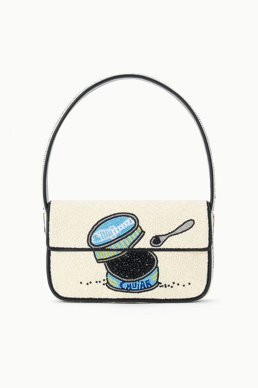 Handbag with a design of a can and spoon on a white background