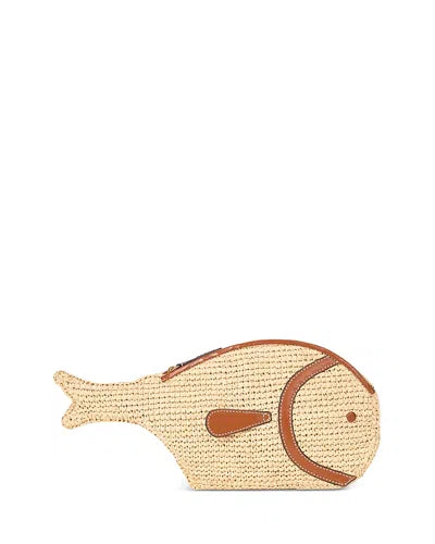 Fish-shaped straw bag with brown accents on a white background