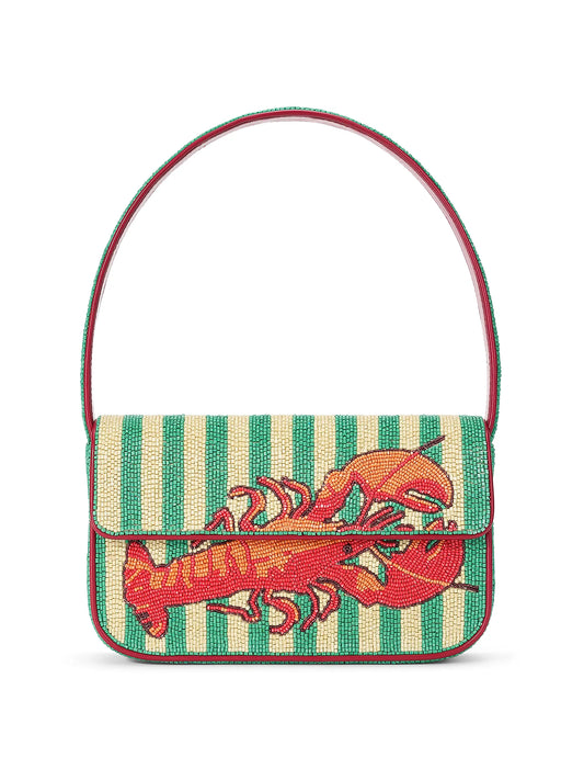 Striped handbag with a red lobster design on a white background