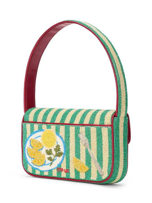 Striped handbag with a yellow lemon design on a white background