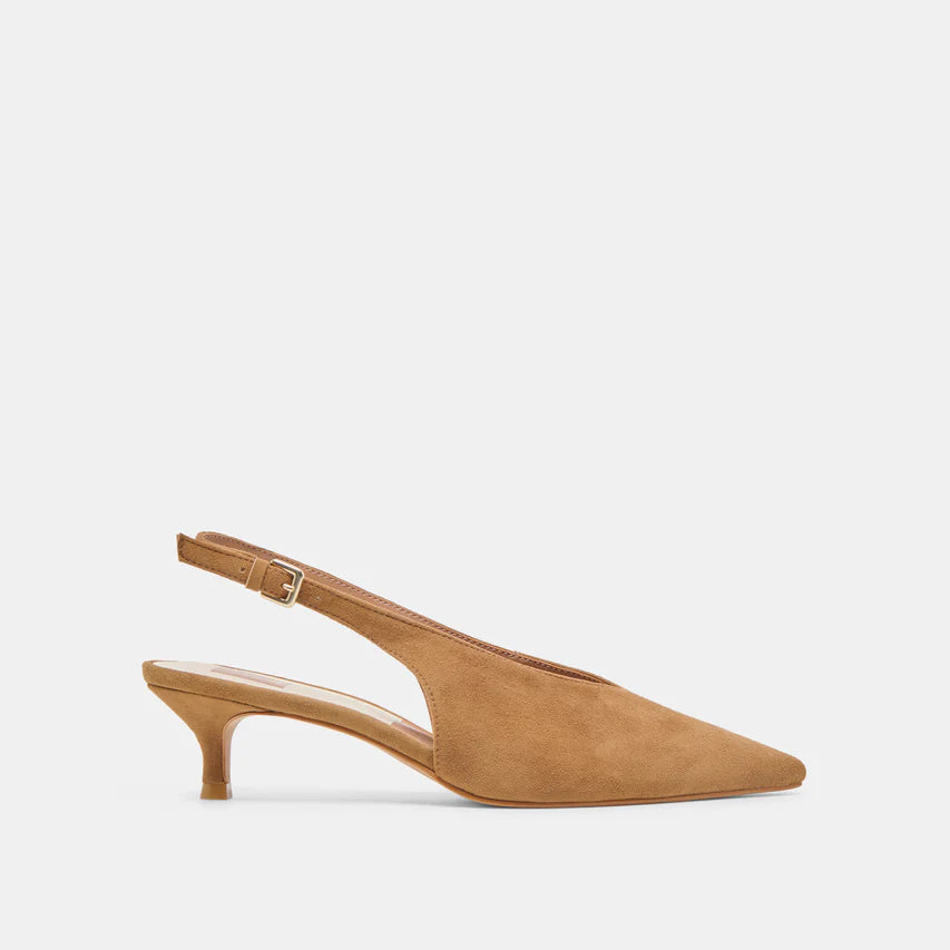 Tan suede slingback shoe on a light gray background