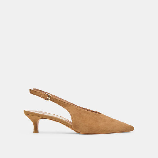 Tan suede slingback shoe on a light gray background