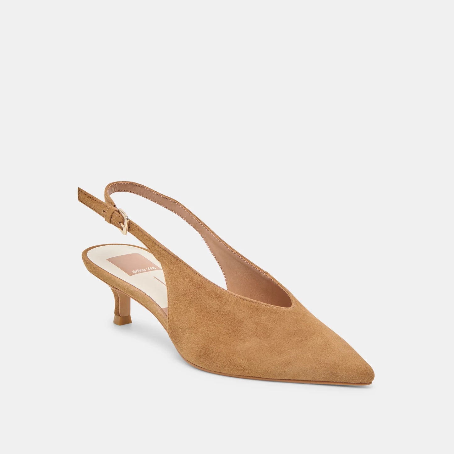 Tan suede slingback shoe on a white background