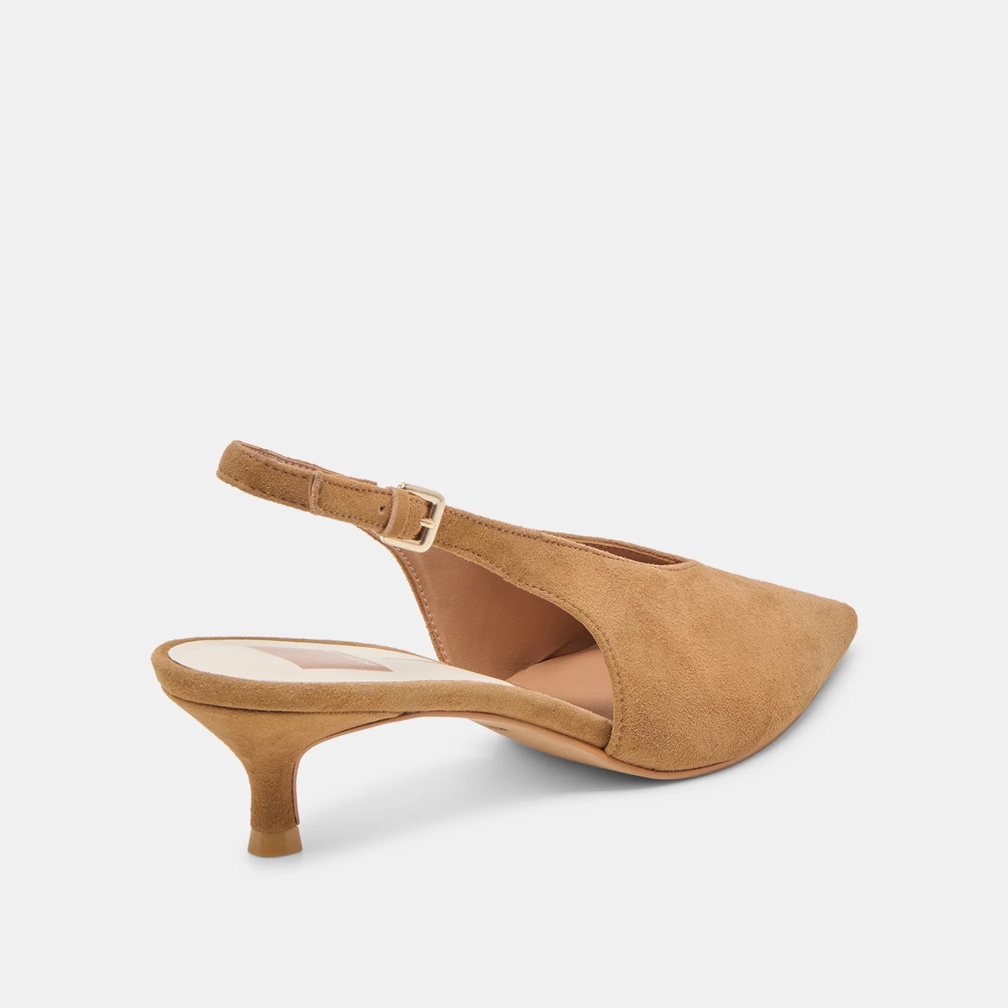 Tan suede high heel shoe on a light gray background