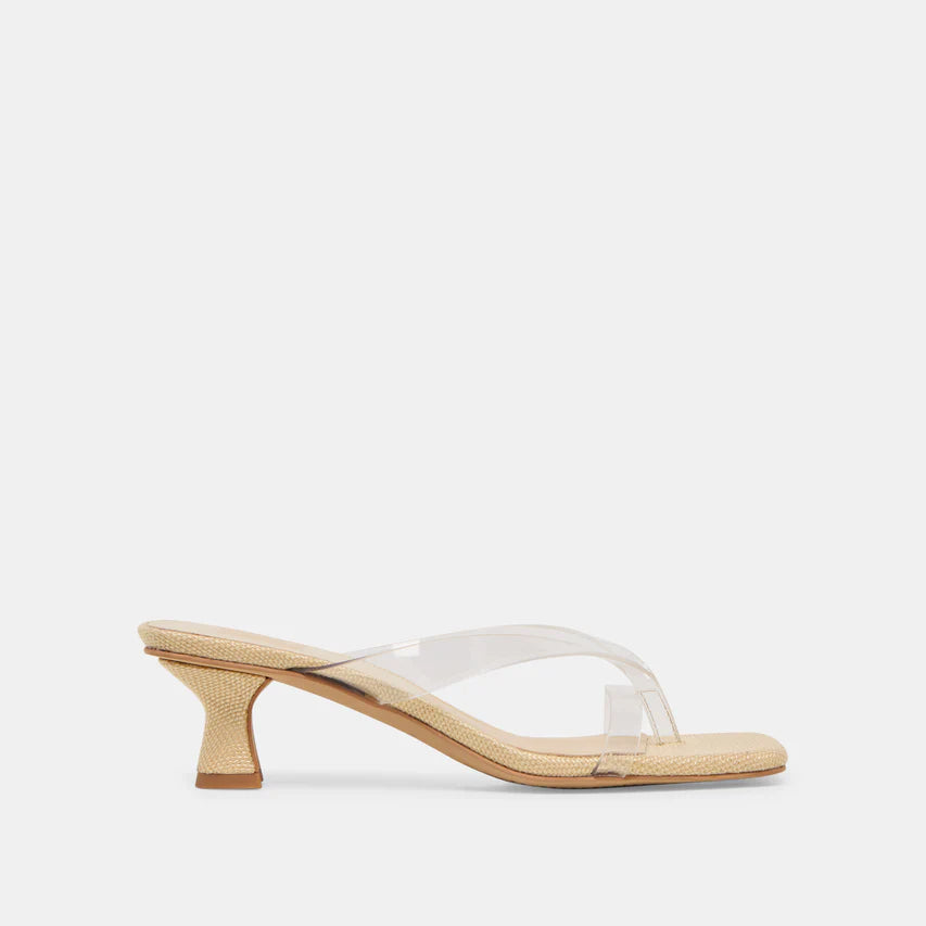 Beige sandal with clear transparent heel on a white background