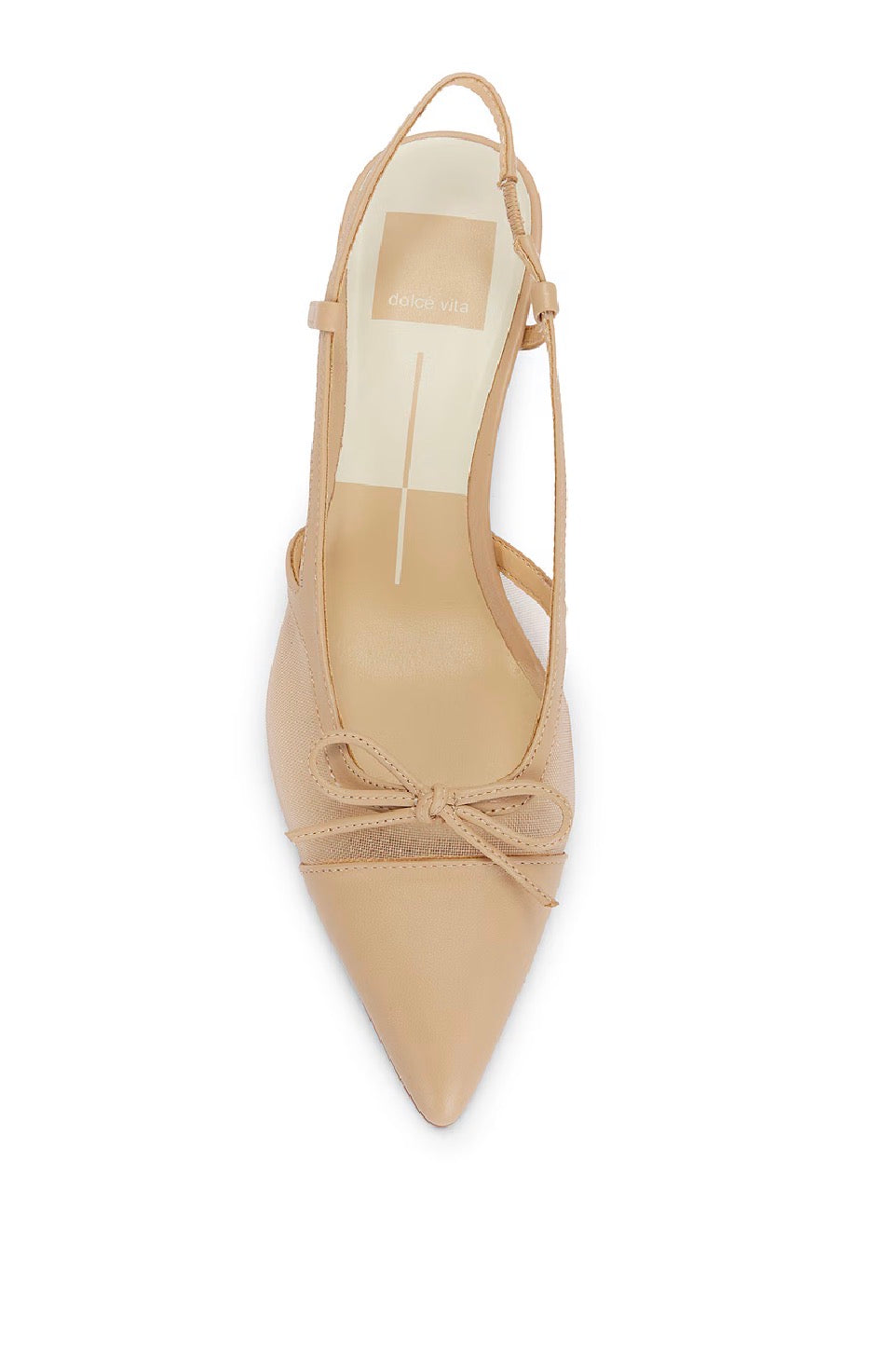 Beige high-heeled shoe with a bow detail on a white background