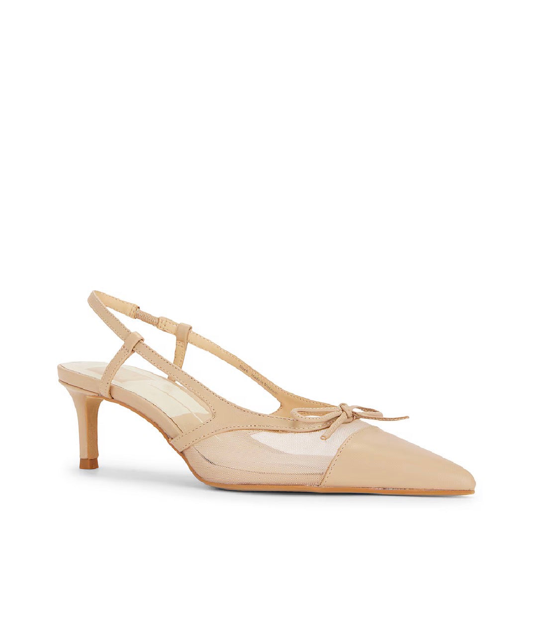 Beige high-heeled shoe with transparent overlay on a white background
