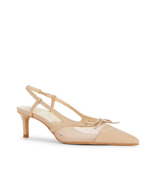 Beige high-heeled shoe with transparent overlay on a white background
