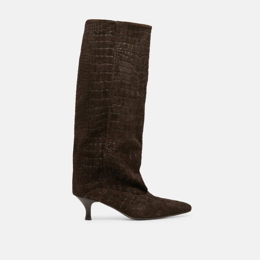 Brown knee-high boot with crocodile texture on a light gray background