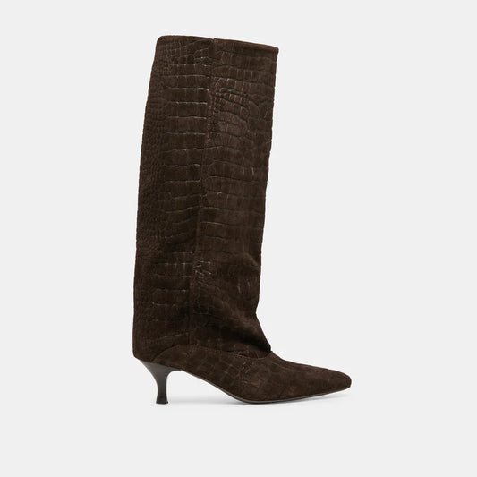 Brown knee-high boot with crocodile texture on a light gray background