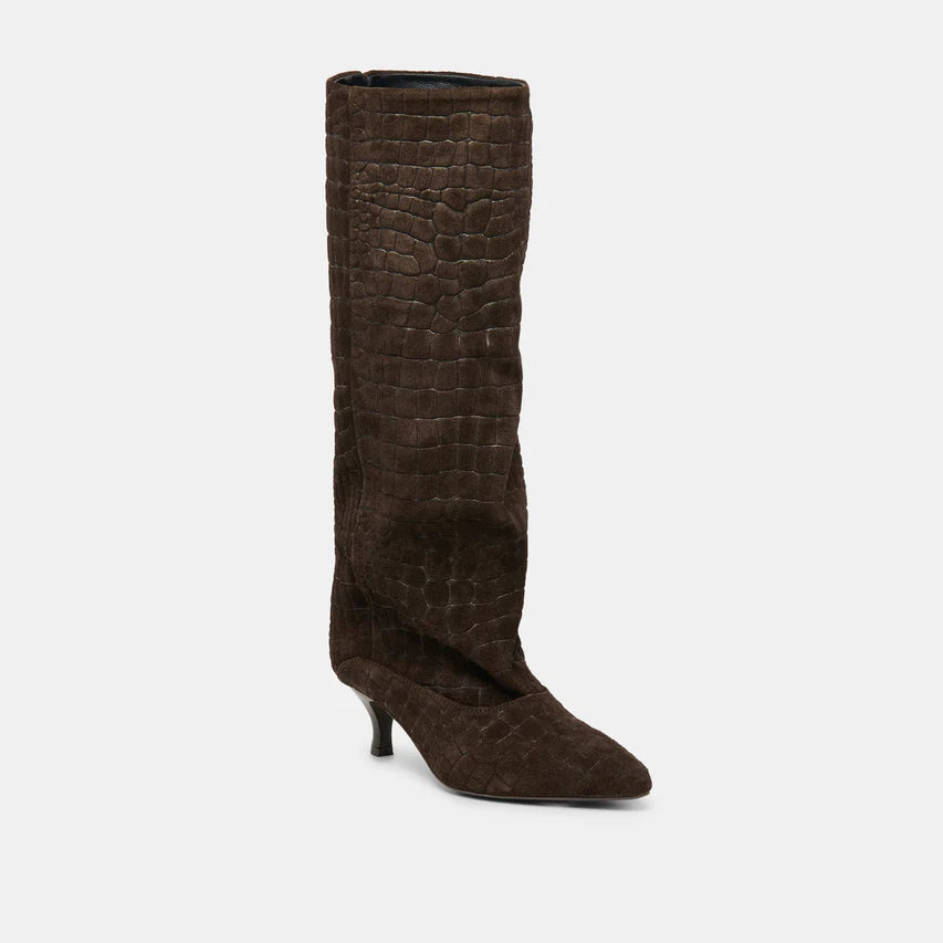 A single knee-high boot in dark brown textured faux crocodile leather, featuring a pointed toe and a slim kitten heel, shown against a light gray background.