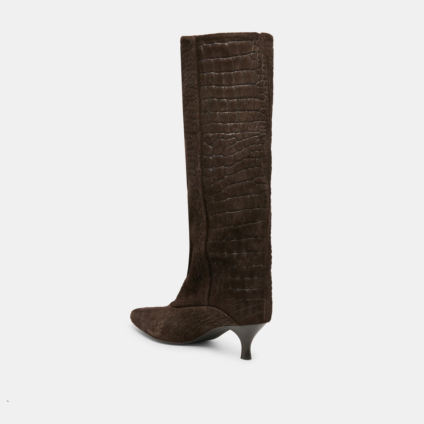 Brown knee-high boot with crocodile texture on a light gray background