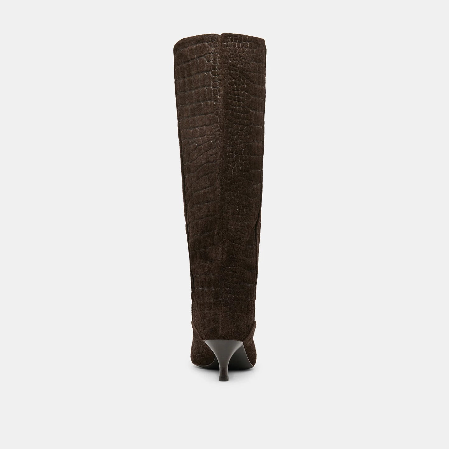 A single dark brown knee-high boot with a crocodile-embossed texture and a pointed stiletto heel, shown from the back against a light gray background.