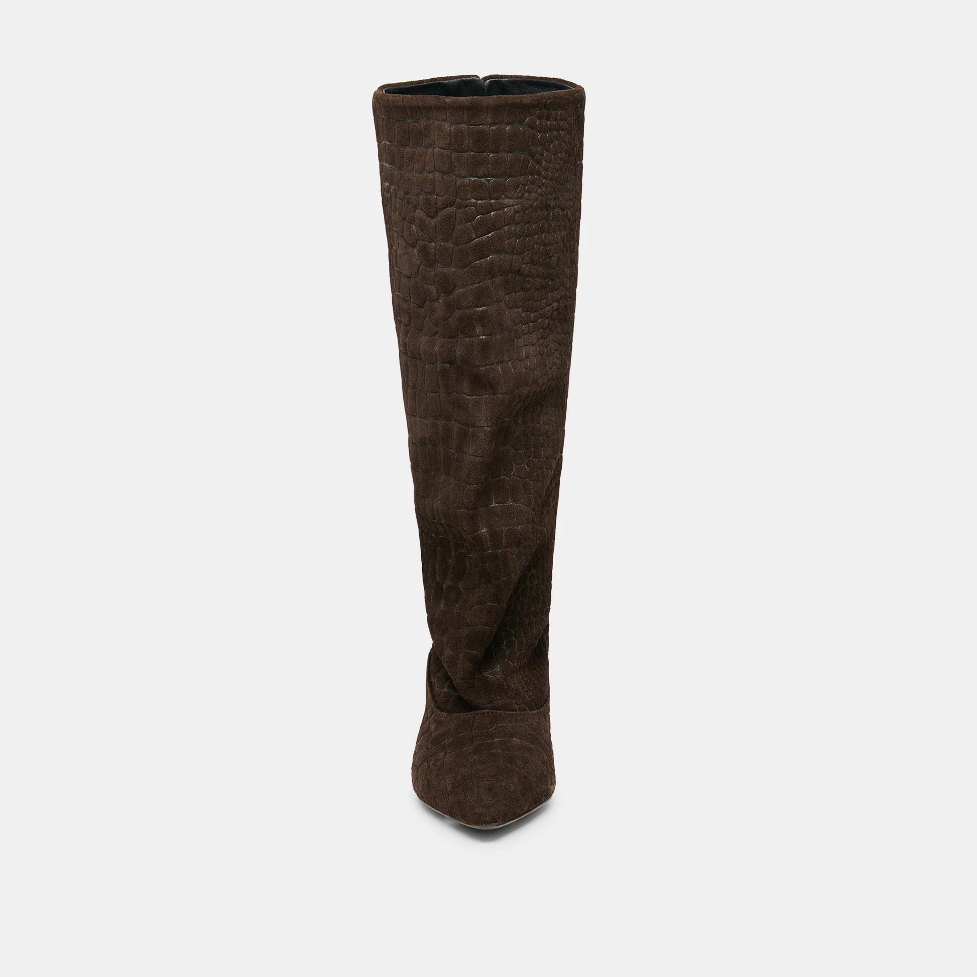 Brown knee-high boot on a white background